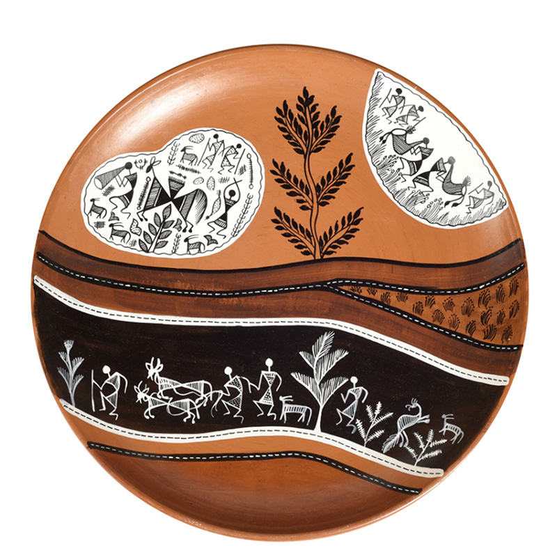 Moorni Handpainted Warli Earthen Plate for Wall Decor - (9x9 in)