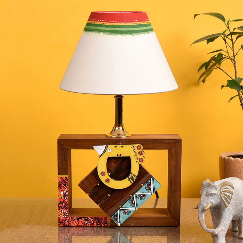 Moorni Table Lamp Handcrafted in Wood with Tribal Motifs and Bird with White Shade - (8x4x10.7 in)