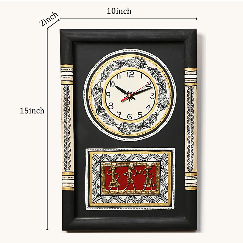 Moorni Wall Clock Handcrafted Warli/Dhokra Art Black Dial with Glass Frame