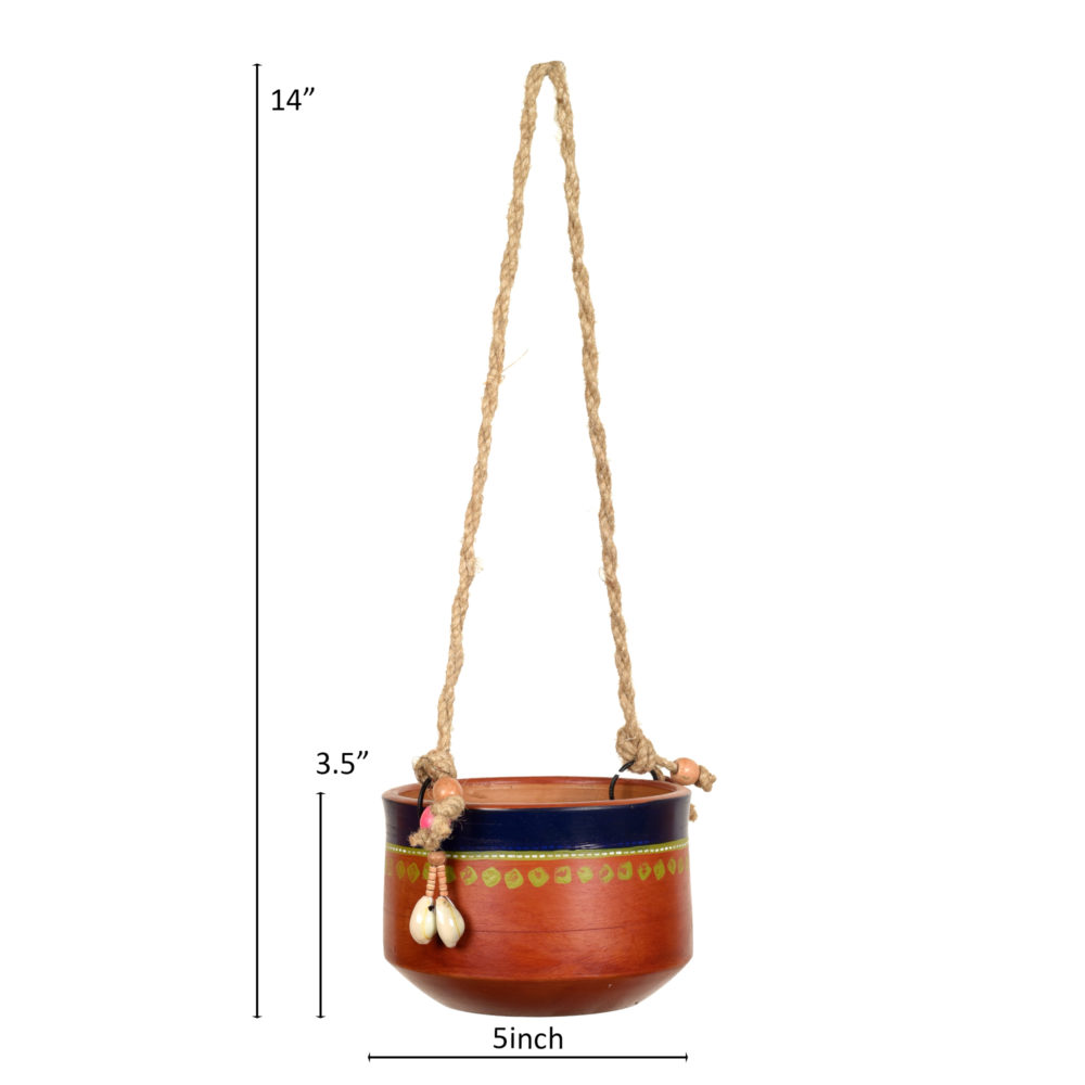 Moorni Blue-Brown Earthen Planter with Jute Hanger ( Pot-5x5x3.5) H-14x