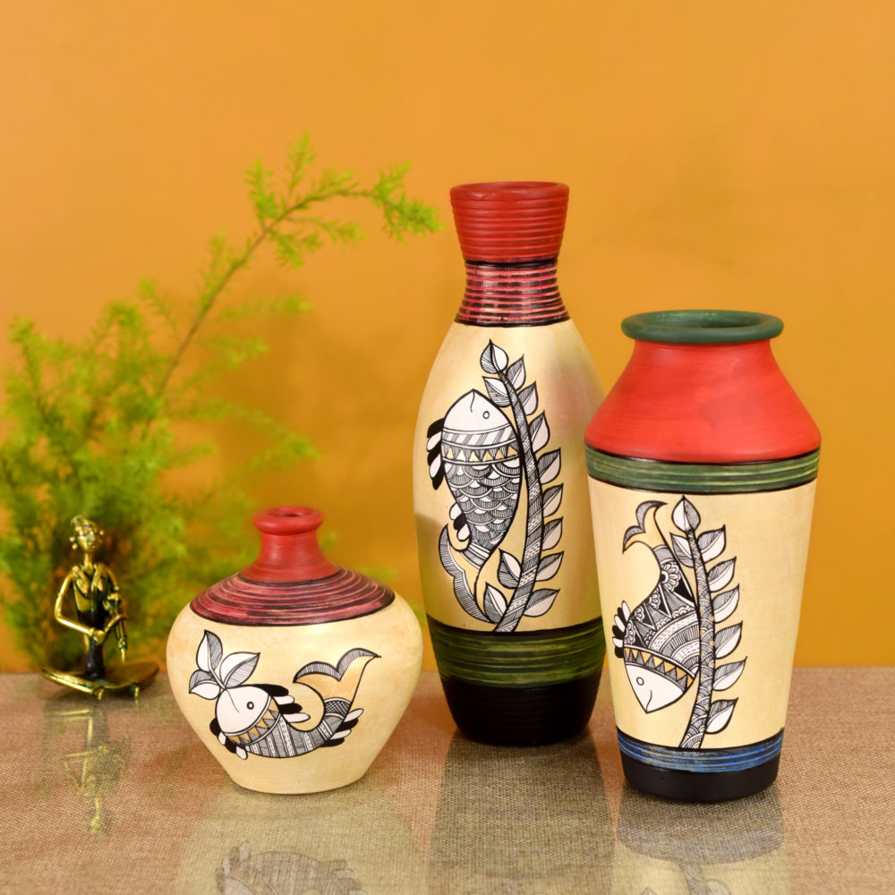 Moorni Handpainted Earthen Vases with Madhubani Art
