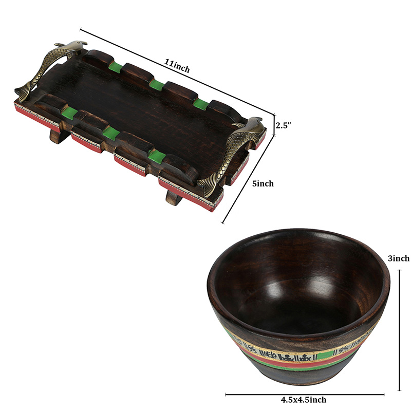 Moorni Bowls & Tray in Wood Hand-Painted Fish Handles So3 - (11x5 in)