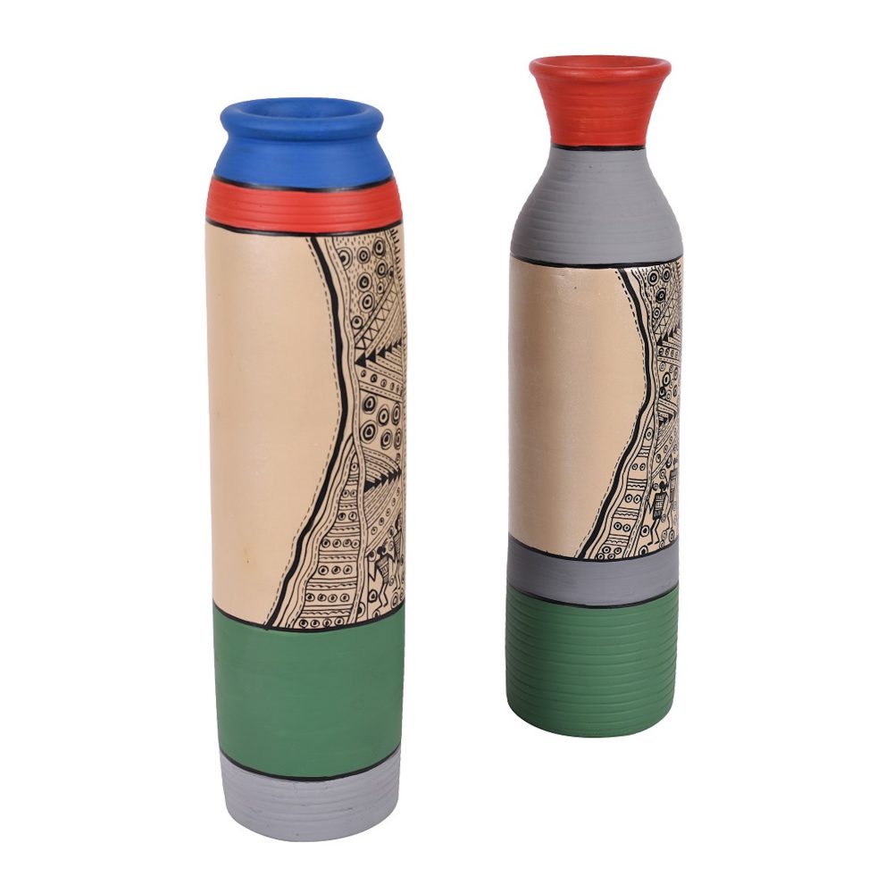 Moorni Vase Earthen GreyGreen Madhubani (Set of 2) (11.4x2.6/11.4x2.5)