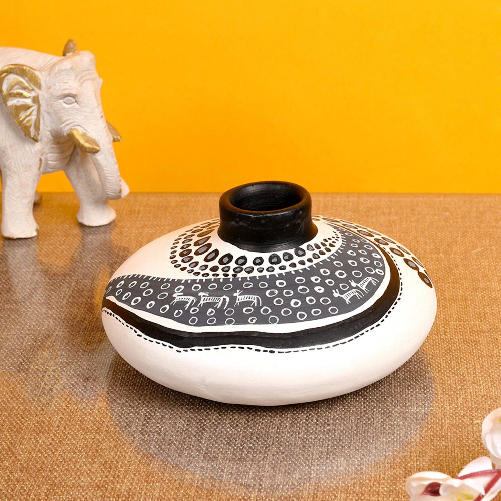 Moorni Vase Earthen Handcrafted White Warli 3.5x6.5(HxD)