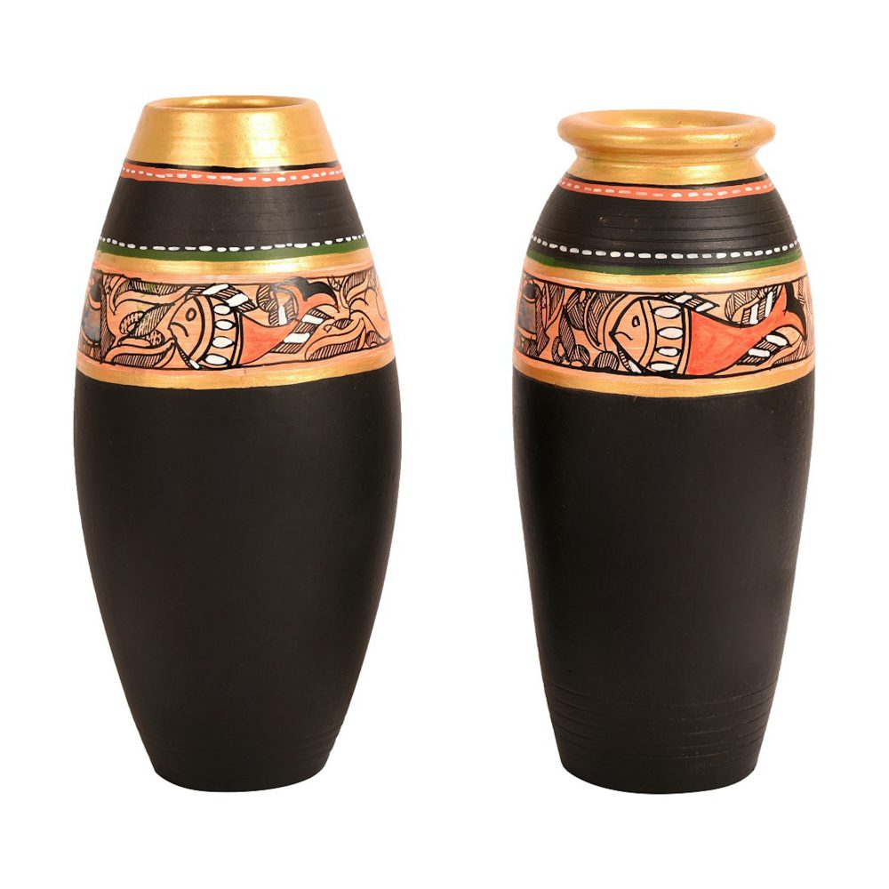 Moorni Vase Earthen Black Madhubani (Set of 2) (6.4x3/6x3)