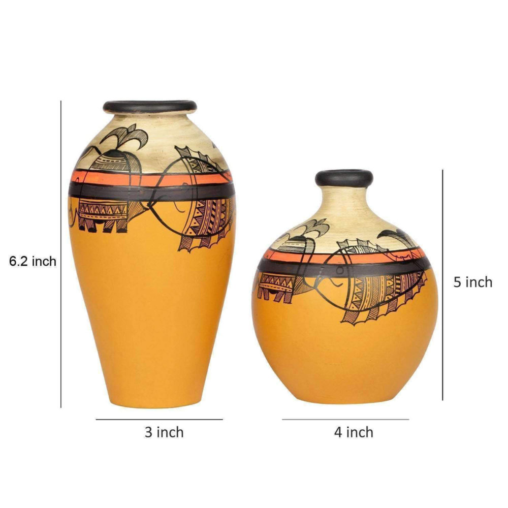 Moorni Vase Earthen Yellow Madhubani (Set of 2) (6.2x3/5x4)