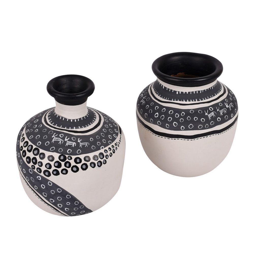 Moorni Vase Earthen White Warli (Set of 2) (5.4x4/5.5x4.5)