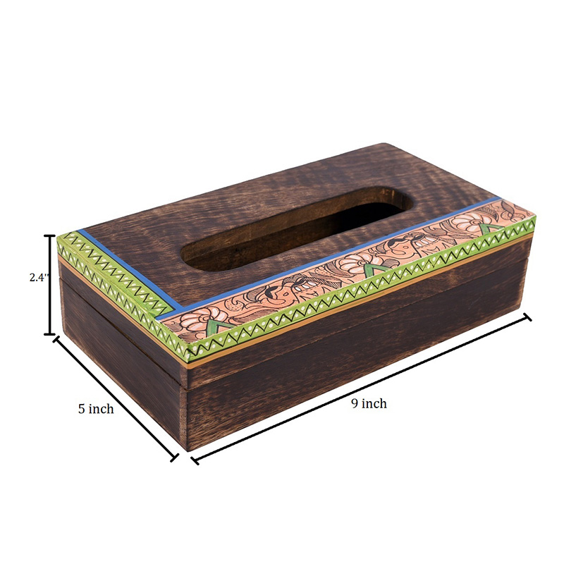 Moorni Tissue Box Handcrafted in Wood with Madhubani Painting - (9x5x2.5 in)