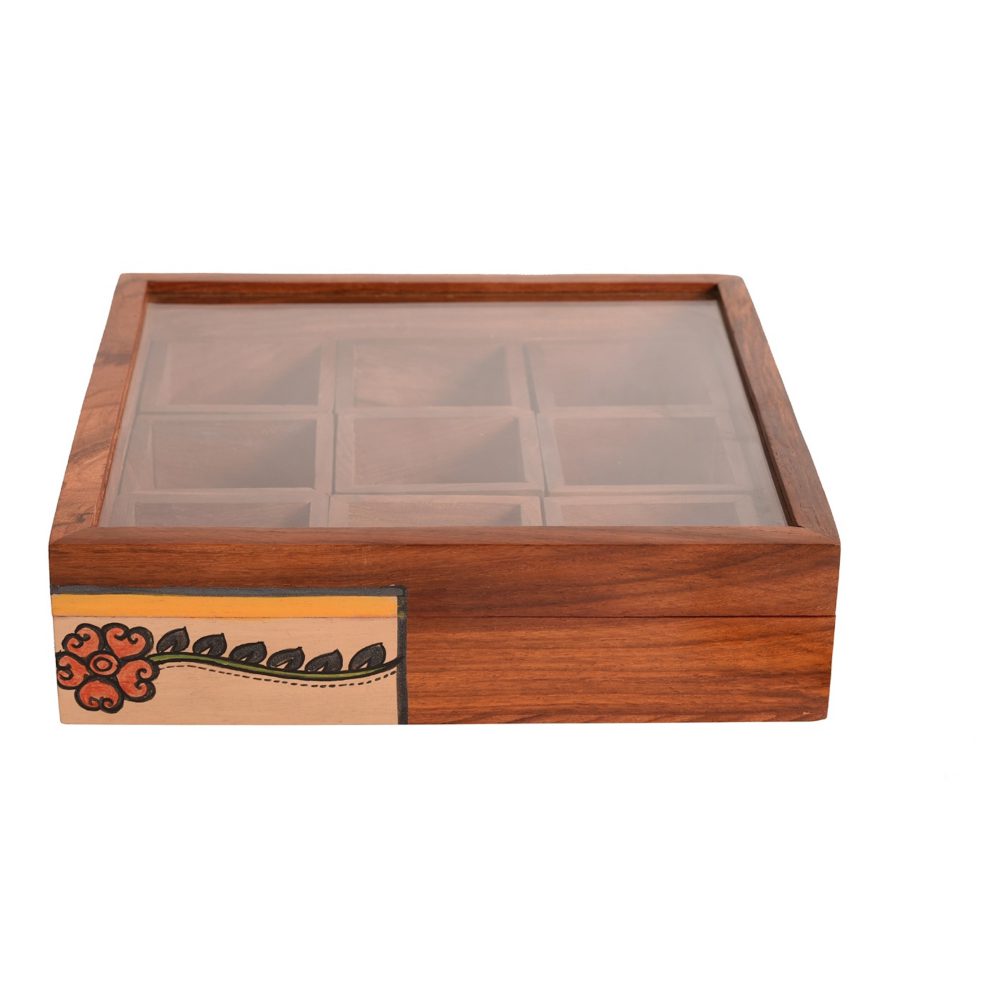Moorni Jewelery Box Handcrafted 9 Slots Madhubani Wooden 8x8x2