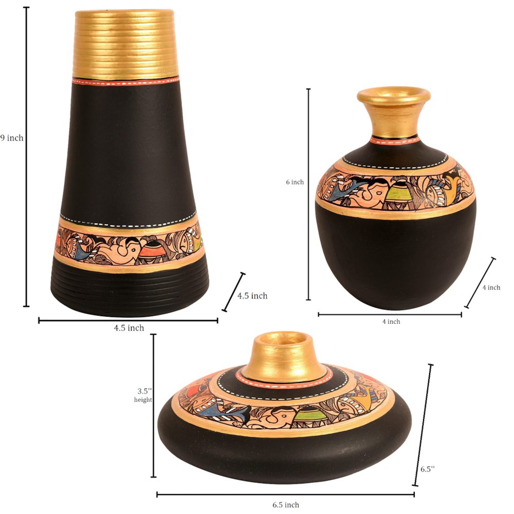 Moorni Vase Earthen Black Madhubani (Set of 3) 3.5/9/6