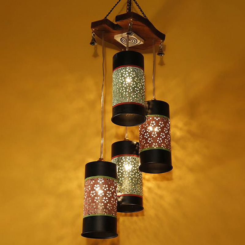 Moorni Celo-4 Chandelier With Cylindrical Metal Hanging Lamps (4 Shades)