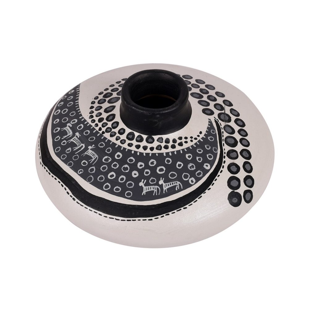 Moorni Vase Earthen Handcrafted White Warli 3.5x6.5(HxD)