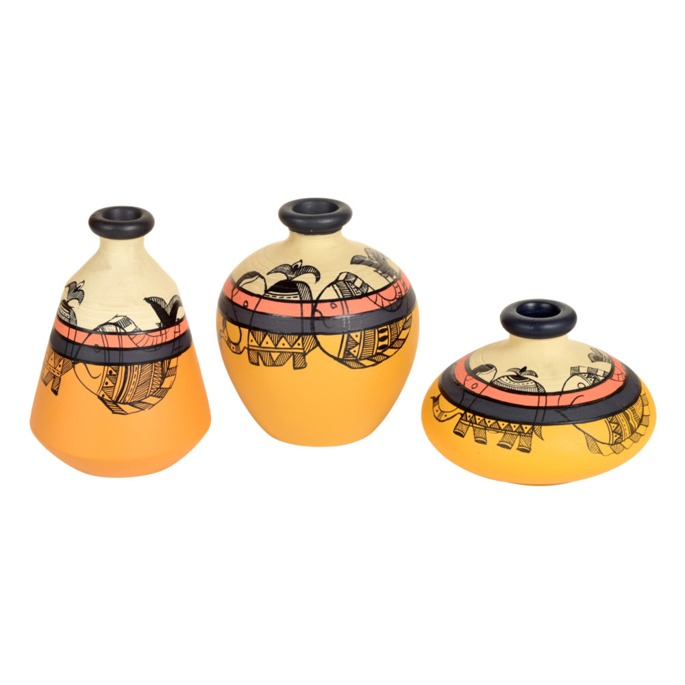 Moorni Yellow Terracotta Vases with Madhubani Tattoo Art