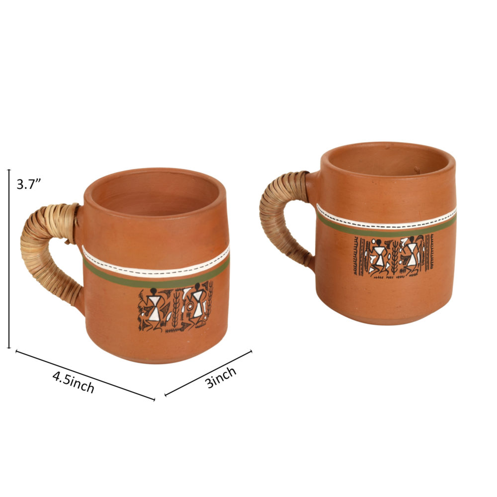Moorni Knosh-2 Earthen Cups with Caned Handle (Set of 2) (4.5x3x3.6)
