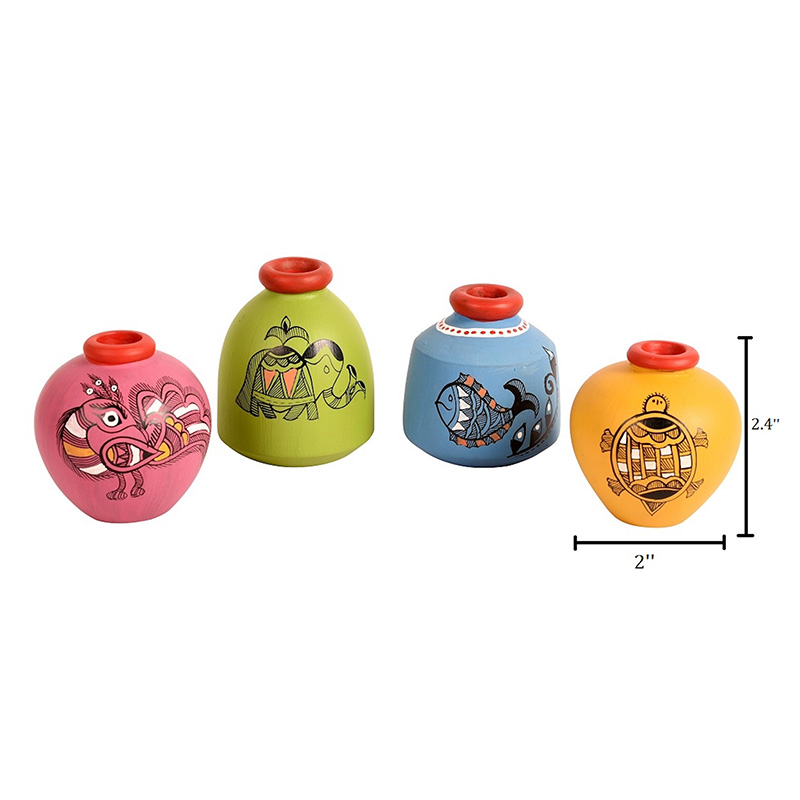 Moorni Wall Decor Ladder & 4 Colored Handcrafted Madhubani Pots - (16x2x9.4 in)