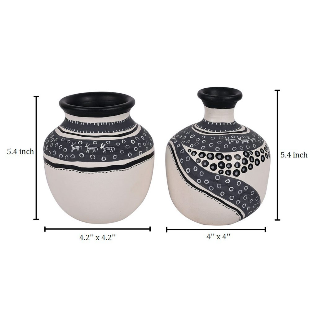 Moorni Vase Earthen White Warli (Set of 2) (5.4x4/5.5x4.5)