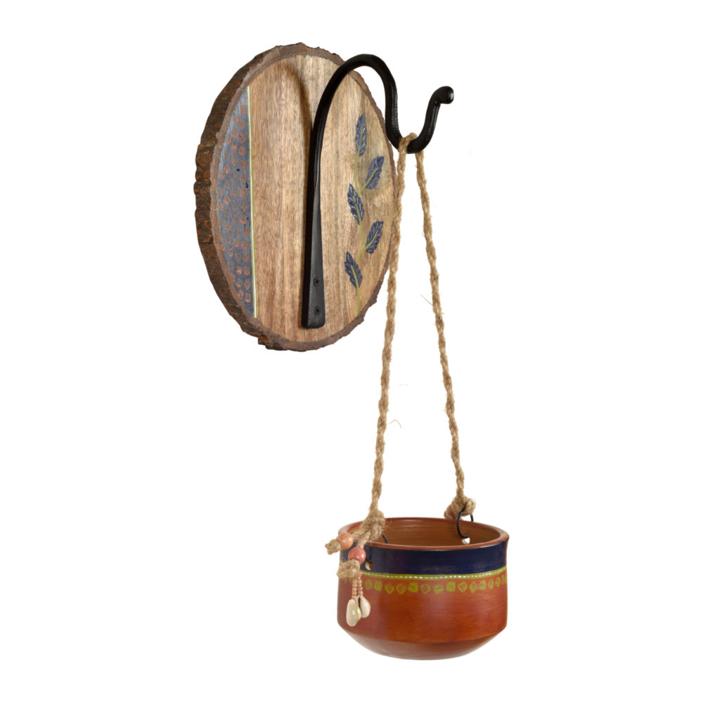 Moorni Blue-Brown Earthen Planter on Round Wooden Hook