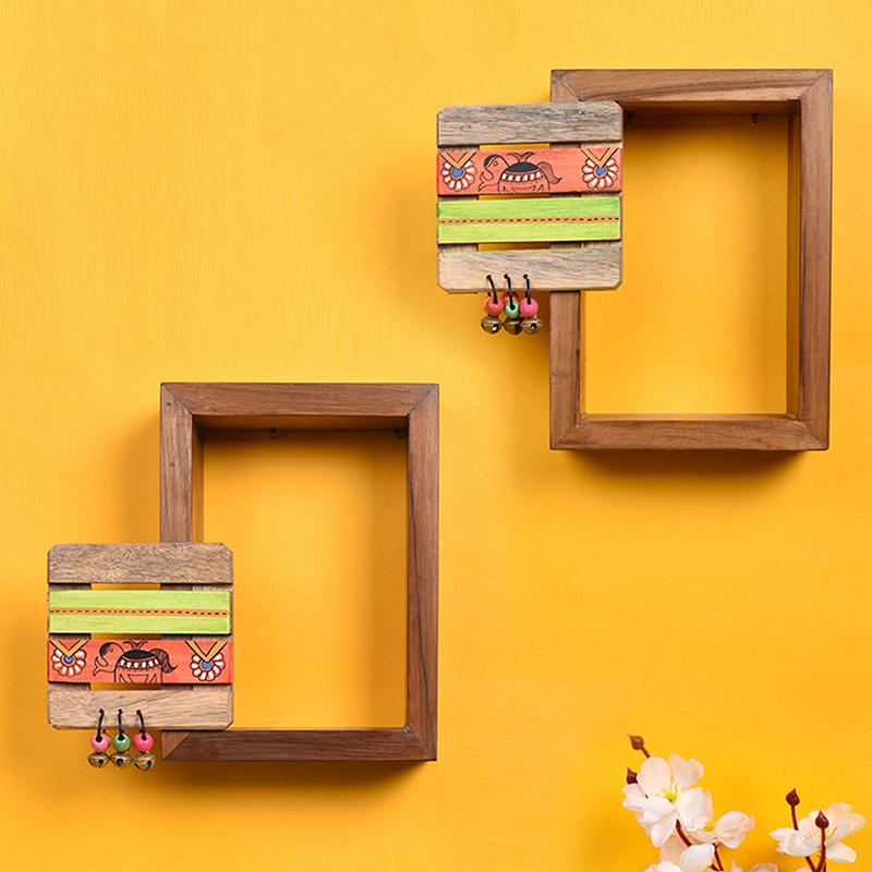 Moorni Wall Decor Square Coaster Handcrafted Wooden Shelves Set of 2 - (9x2.7x8 in)