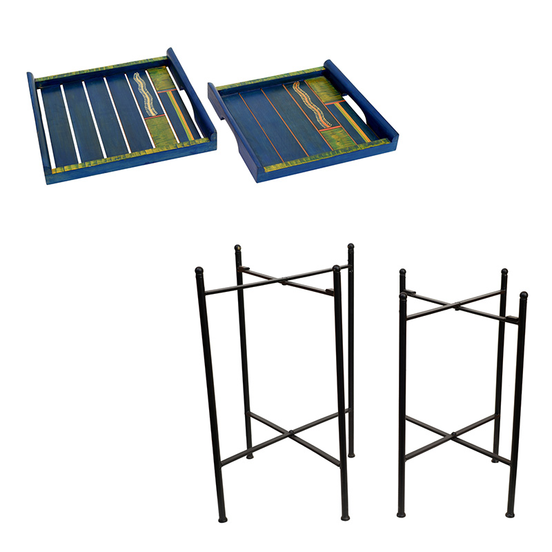 Moorni Azure Blue Serving Trays with Cross Folding Stands Handcrafted in Wood (SO2) - (12x12x19/10x10x16 in)