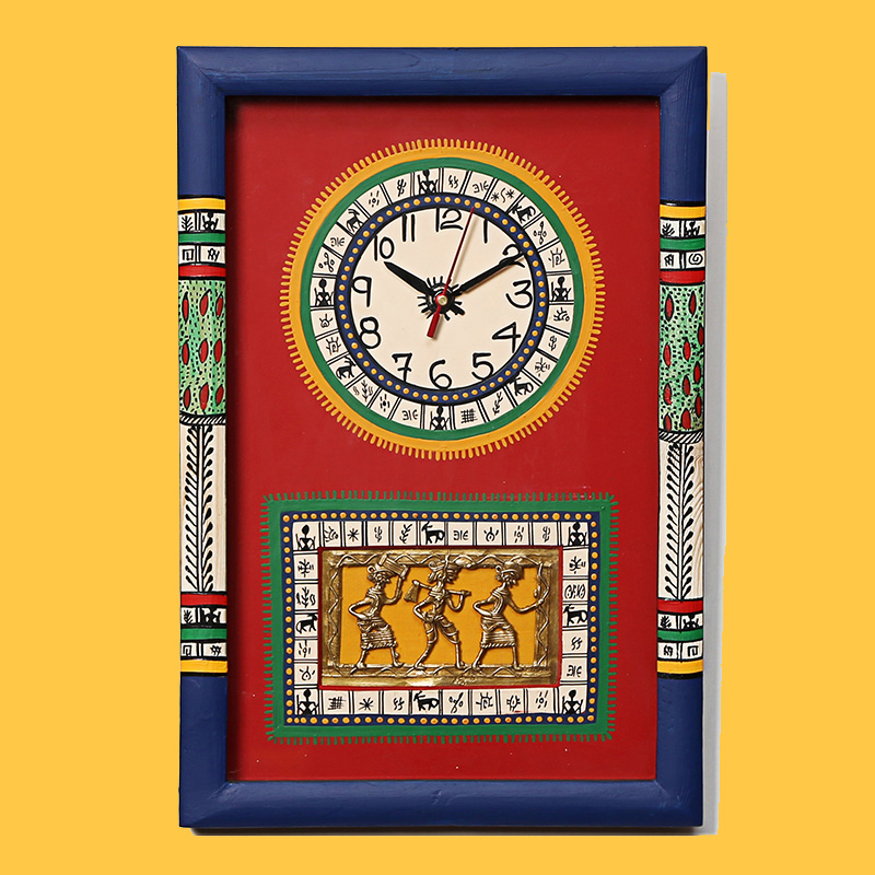 Moorni Wall Clock Handcrafted Warli/Dhokra Art Red Dial with Glass Frame - (10x15 in)
