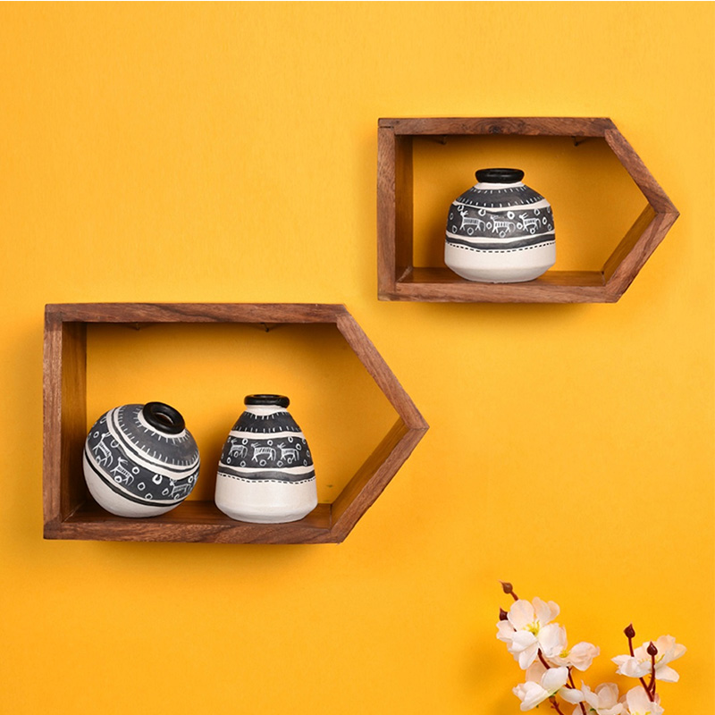 Moorni Wall Decor 2 Wooden Shelf & 3 Pots Warli White - (8x2.5x5 / 6x2.5x3.7 in)