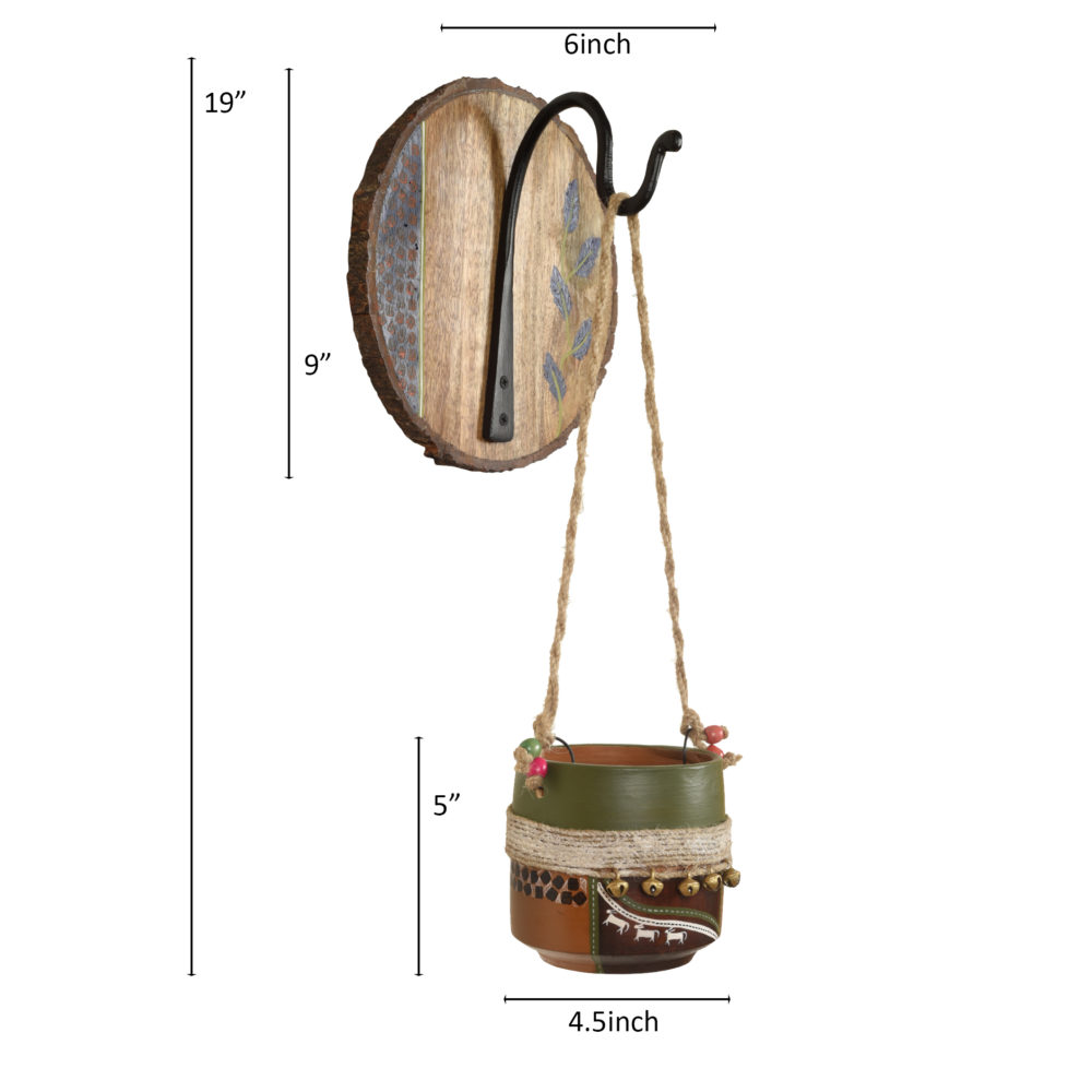 Moorni Jute Embellished Brown Earthen Planter on a Round Wall Hook