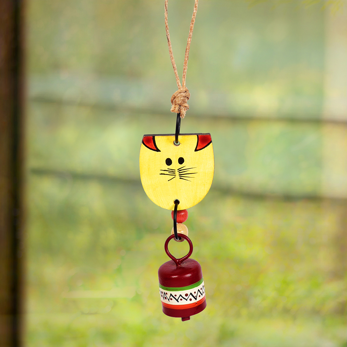Moorni Art Creations Handpainted Yellow Wild Cat Wind Chimes with Metal Bell for Outdoor Hanging and Home Decoration