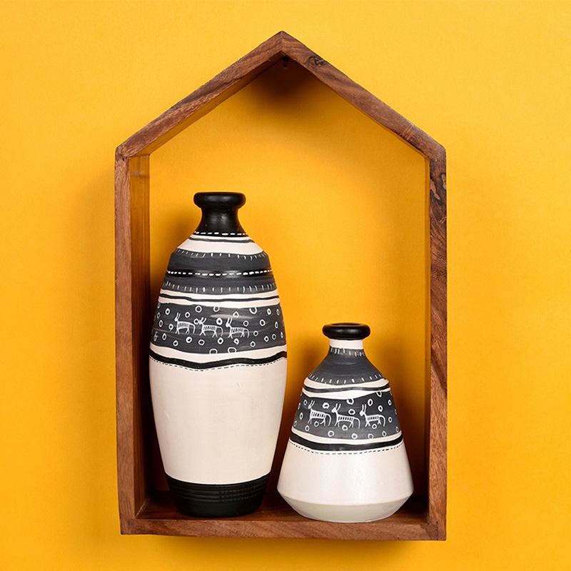 Moorni Wall Decor Wooden Shelf with 2 Pots Warli - (7.5x2.75x11.5 in)