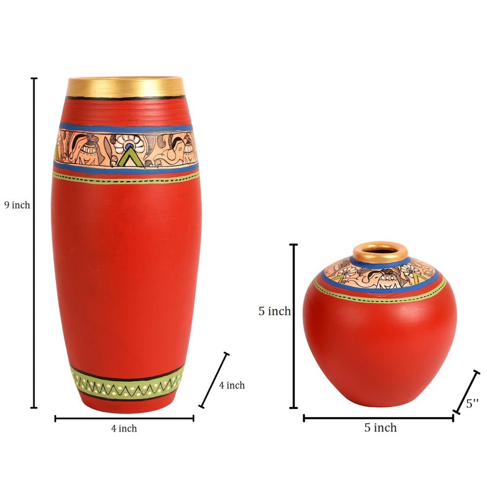 Moorni Vase Earthen Red Madhubani (Set of 2) (9x4/5x5)