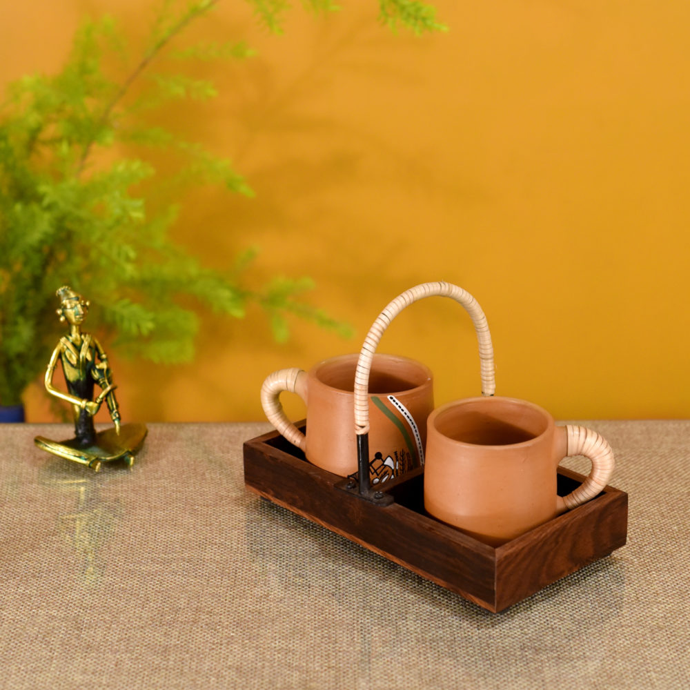 Moorni Happy Morning Earthen Cups with Cane Embellished Tray