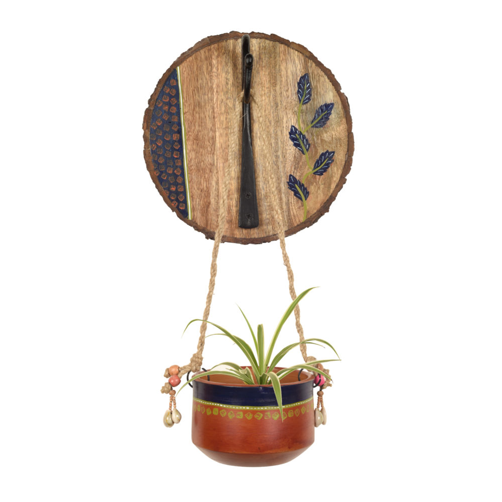 Moorni Blue-Brown Earthen Planter on Round Wooden Hook