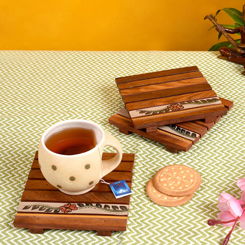 Moorni Coaster Wooden Handcrafted with Flower Motifs - Set Of 3 (5Ã—5 In)