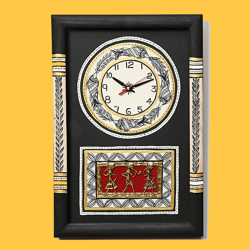 Moorni Wall Clock Handcrafted Warli/Dhokra Art Black Dial with Glass Frame