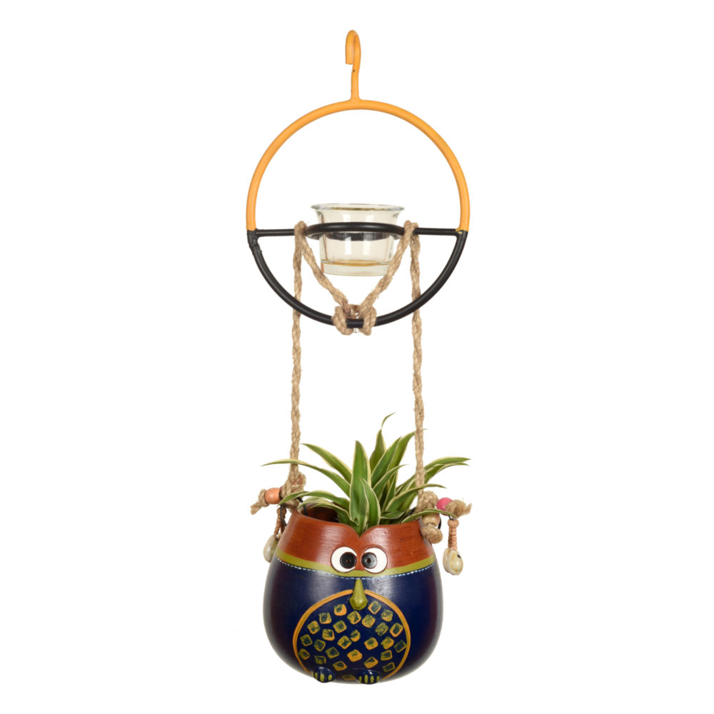 Moorni Blue-Brown Earthen Planter with Metal Bird Feeder