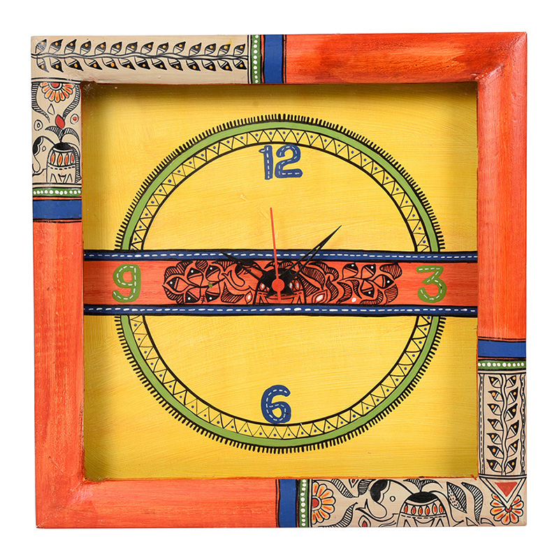 Moorni Wall Clock Handcrafted with Madhubani Art Orange Frame with Glass - (10x2x10 in)