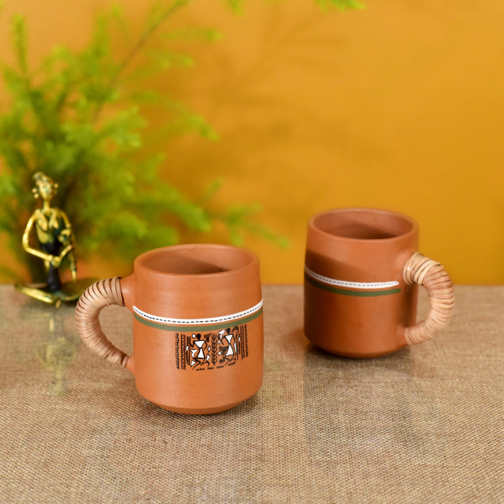 Moorni Knosh-2 Earthen Cups with Caned Handle (Set of 2) (4.5x3x3.6)