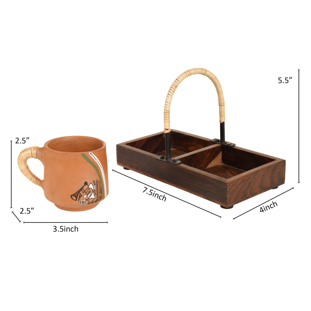 Moorni Happy Morning Earthen Cups with Cane Embellished Tray
