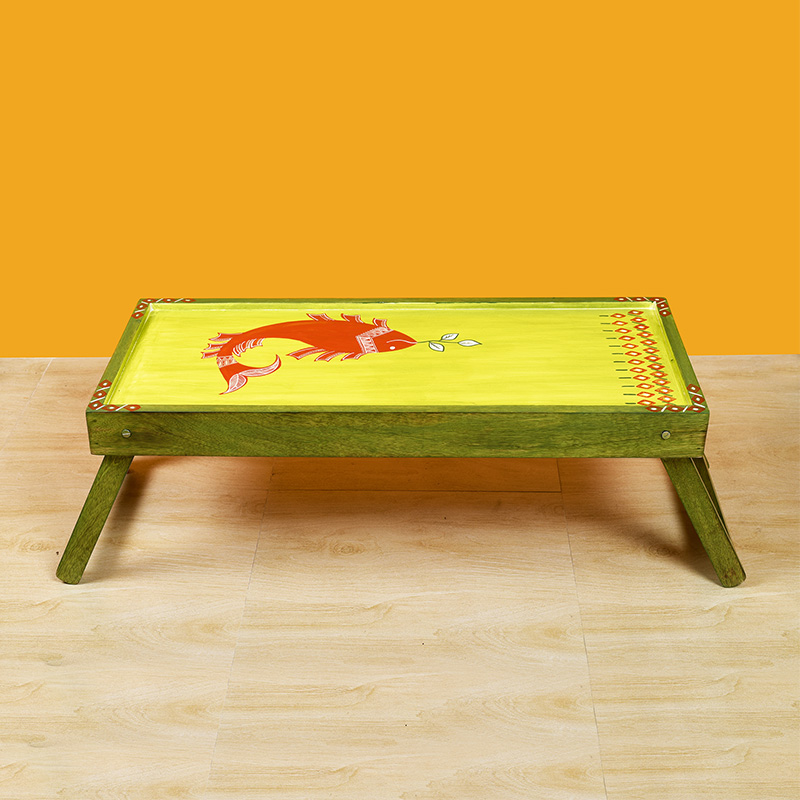 Moorni Madhubani Folding Breakfast Tray in Lime Green Hue - (32x12x10 in)