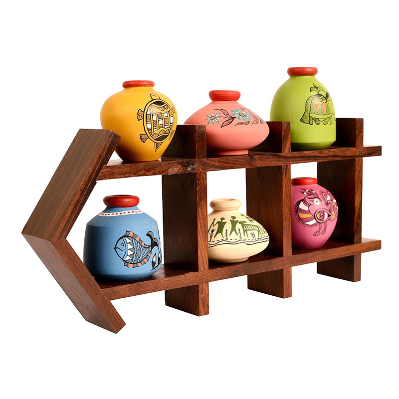 Moorni Wall Decor Ladder & 6 Colored Handcrafted Madhubani Pots - (13x2x8 in)
