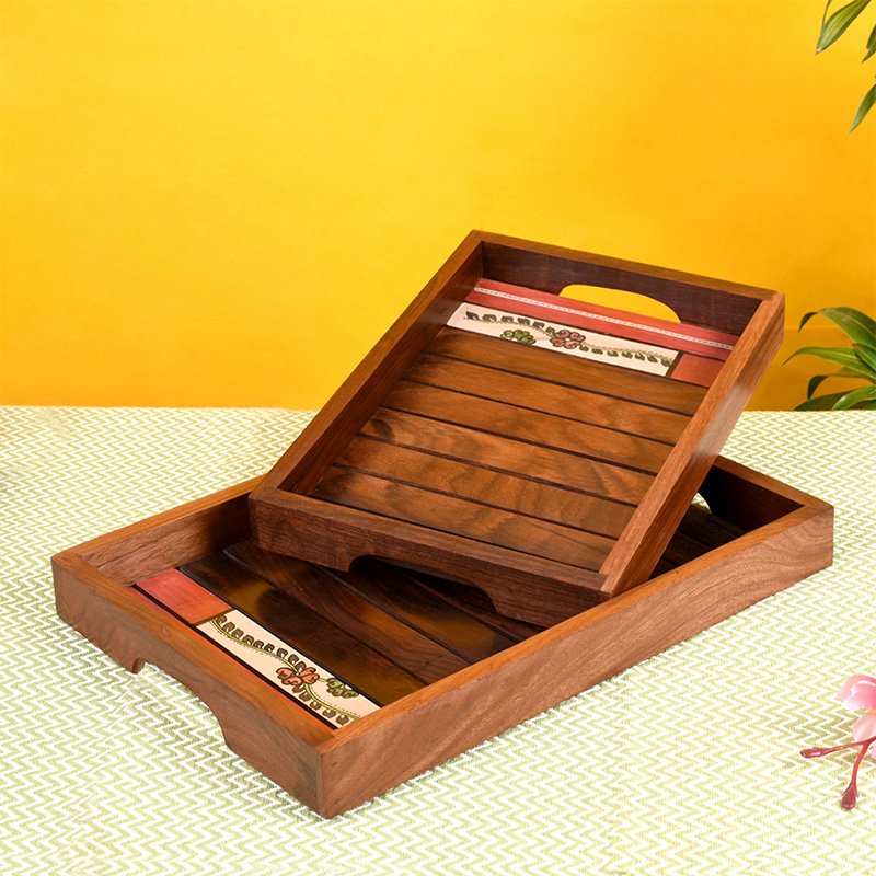 Moorni Trays with Flower Patterns Handcrafted in Rosewood - Set of 2 (14x10/12x8.5 in)