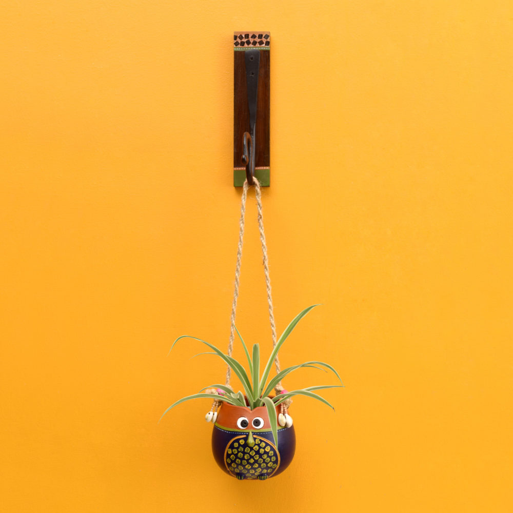 Moorni Brown-Blue Earthen Planter on a Classic Wall Hook