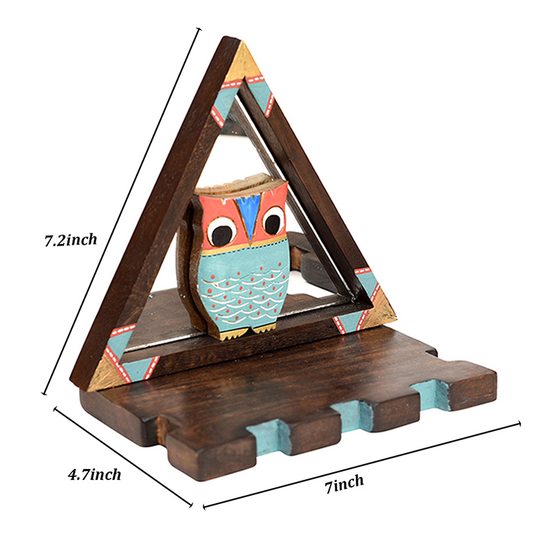 Moorni Triangular Wall Decor Shelves (Set Of 2) with Blue Owl Motifs set on Mirrors - (7x4.7x7.2 in)