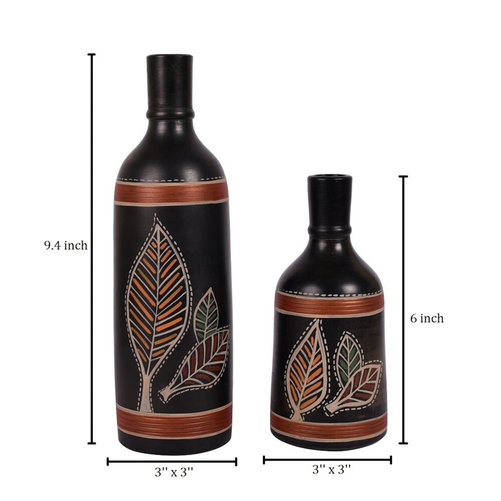 Moorni Vase Earthen Black Bottle Madhubani (Set of 2) (9.4x3/6x3)