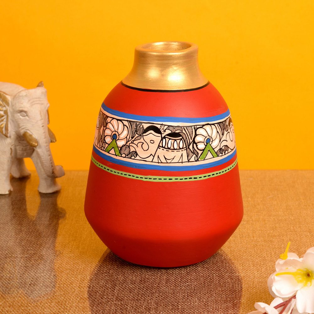 Moorni Vase Earthen Handcrafted Red Madhubani 6.5x5.5(HxD)