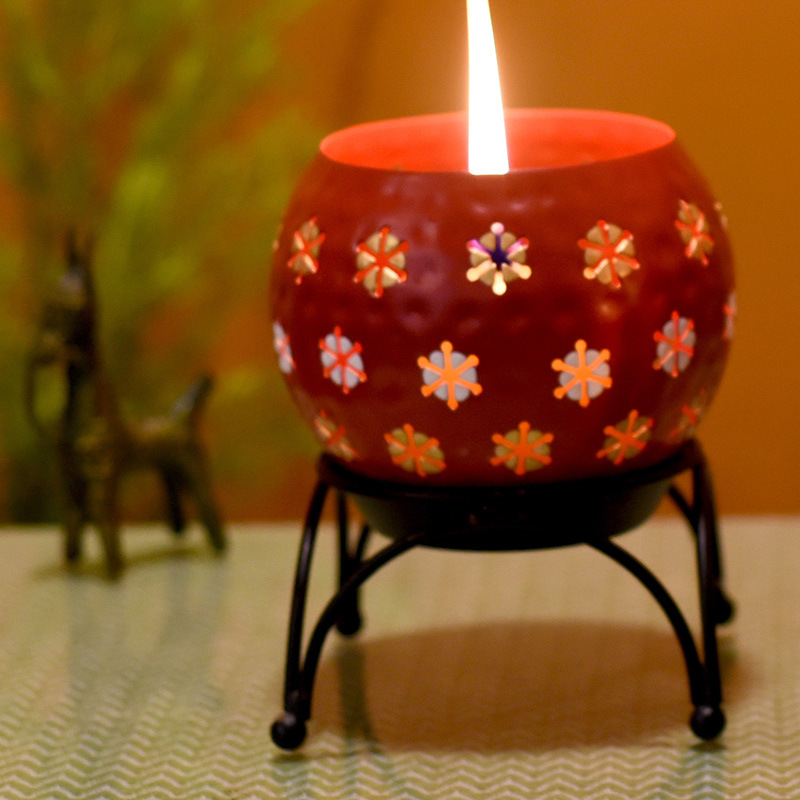 Moorni Red Polka Tealight in Round Shape with Metal Stand