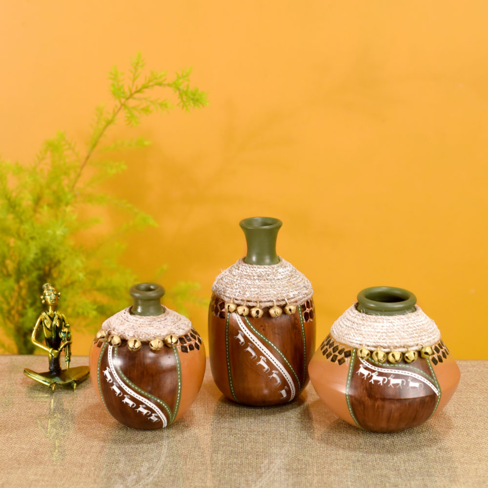 Moorni Coco-F Jute Embellished Earthen Vases in Warli Art