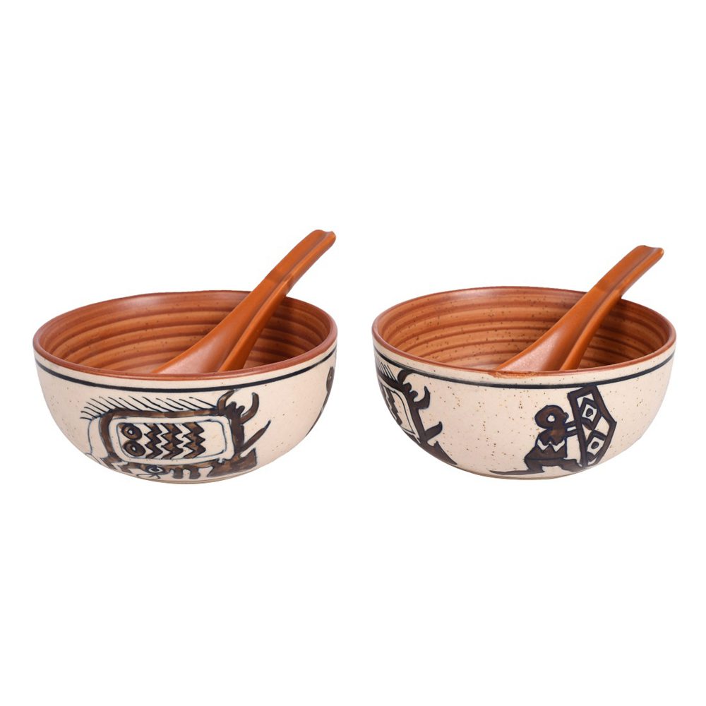 Moorni Soup Bowl Ceramic Tribal Motif with spoon (Set of 2) (2.2x5)