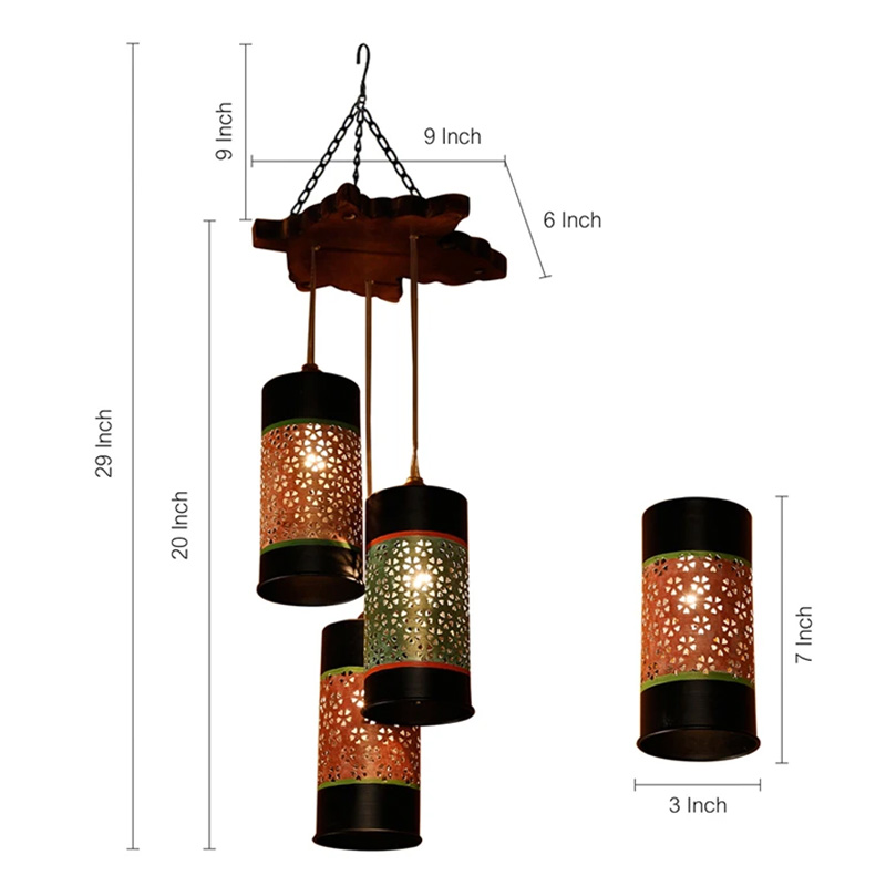 Moorni Celo-3 Chandelier With Cylindrical Metal Hanging Lamps (3 Shades)