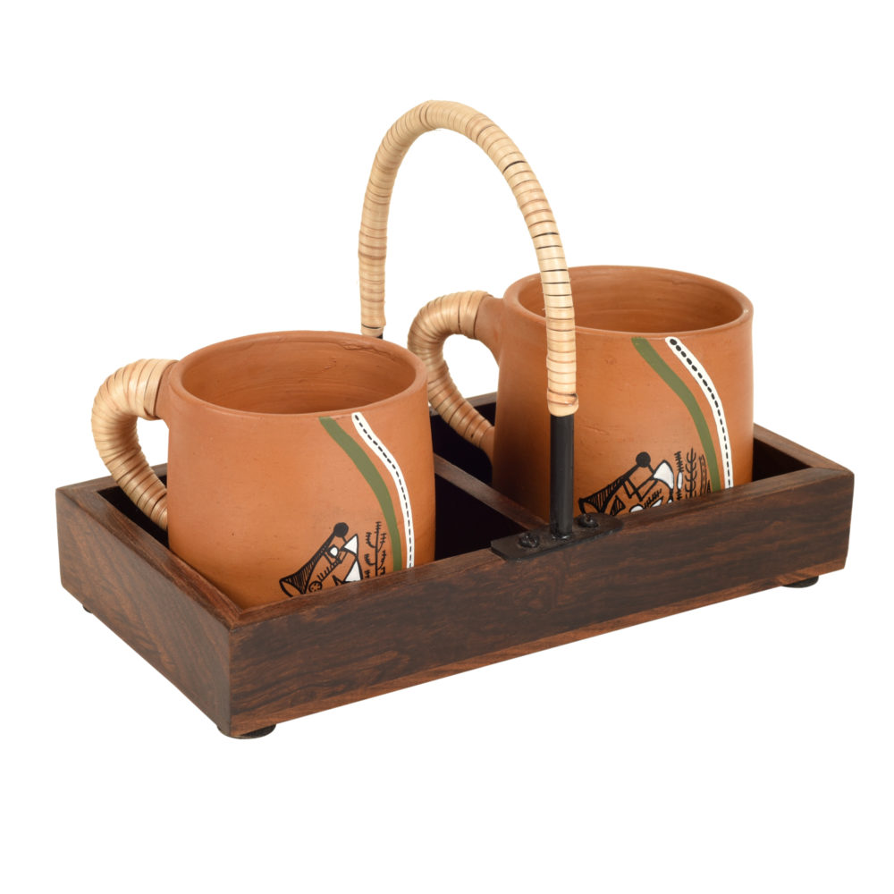 Moorni Happy Morning Earthen Cups with Cane Embellished Tray