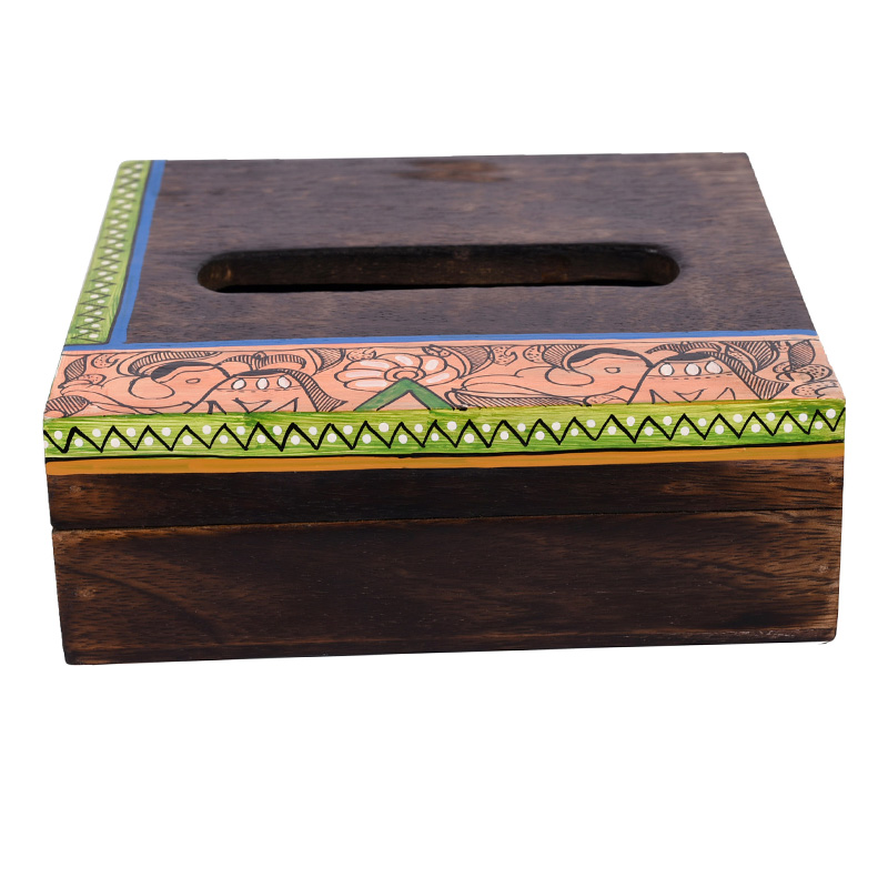 Moorni Tissue Box Handcrafted in Wood with Madhubani Painting - (7x7x2.5 in)